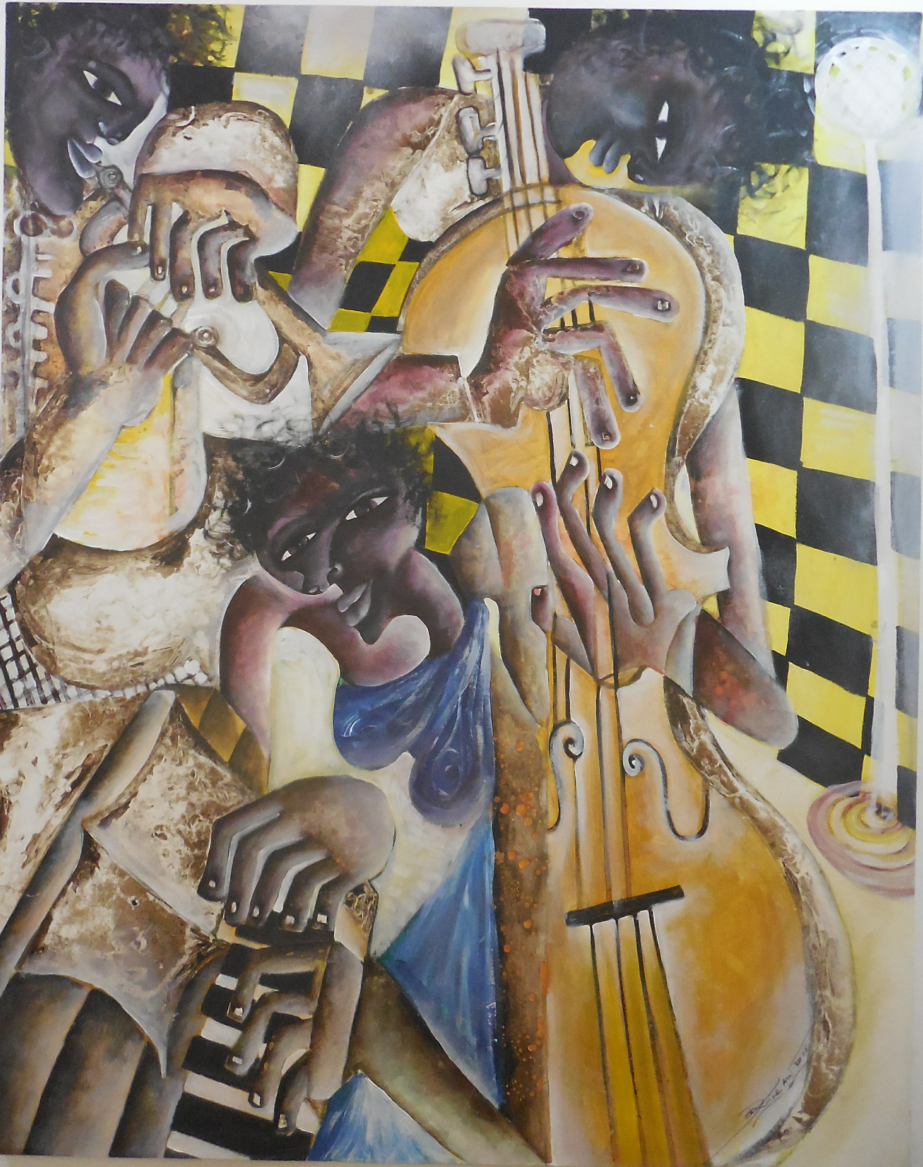 Titre: Trio jazz<br>Dimension : 1m29 x 1m50 <br> Technique : Acrylique goudron pigment su toile